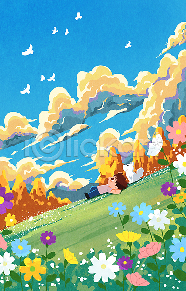 감성 여유 휴식 남자 성인 성인남자한명만 한명 PSD 일러스트 가을(계절) 구름(자연) 꽃밭 눕기 산 새떼 올려보기 전신 초원(자연) 코스모스(꽃) 풍경(경치) 하늘 한마리