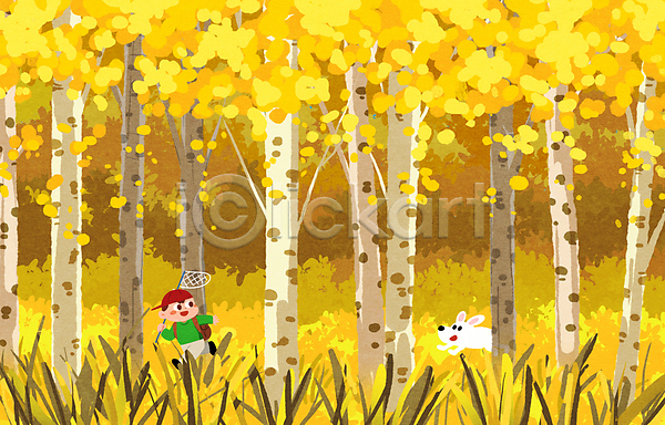 감성 남자 소년 소년한명만 어린이 한명 PSD 일러스트 가을(계절) 강아지 노란색 달리기 뒤돌아보기 들기 숲속 은행나무 전신 채집망 풀(식물) 풍경(경치) 한마리