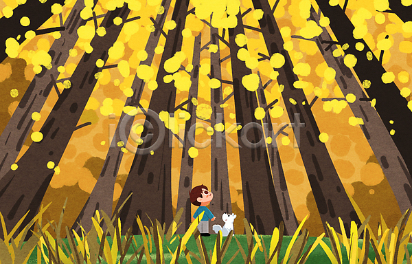감성 남자 소년 소년한명만 어린이 한명 PSD 일러스트 가을(계절) 강아지 노란색 숲속 올려보기 울창 은행나무 전신 큼 풀(식물) 풍경(경치) 한마리