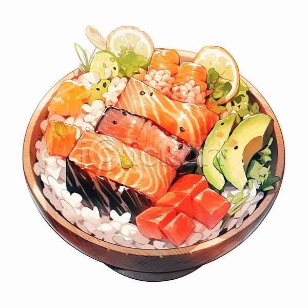 사람없음 JPG 일러스트 덮밥 아보카도 연어 연어덮밥 연어요리 음식 일본 일본음식