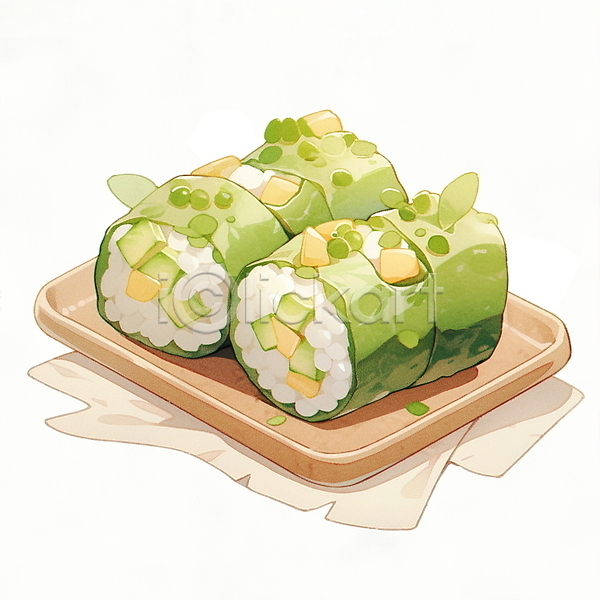 사람없음 JPG 일러스트 나무쟁반 롤 롤스시 음식 일본 일본음식