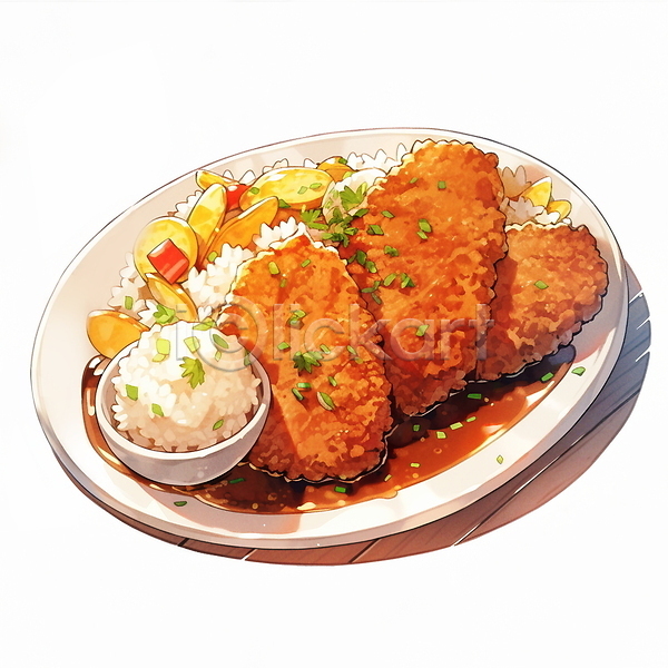 사람없음 JPG 일러스트 돈가스 밥 음식 일본 일본음식 접시 커틀릿 튀김