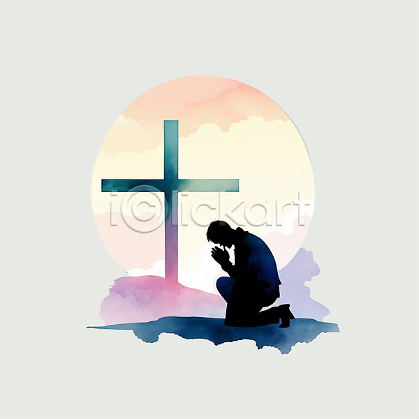 남자 성인 성인남자한명만 한명 PSD 실루엣 일러스트 기도 기독교 노을 무릎꿇기 백그라운드 수채화(물감) 십자가 전신 컬러풀 태양