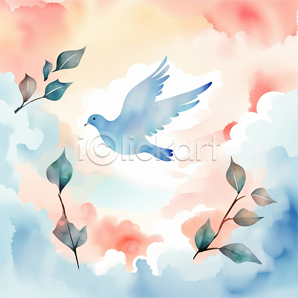 평화 사람없음 PSD 일러스트 구름(자연) 기독교 나뭇잎 백그라운드 비둘기 수채화(물감) 컬러풀 하늘