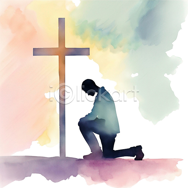 남자 성인 성인남자한명만 한명 PSD 실루엣 일러스트 기도 기독교 무릎꿇기 백그라운드 수채화(물감) 십자가 전신 컬러풀
