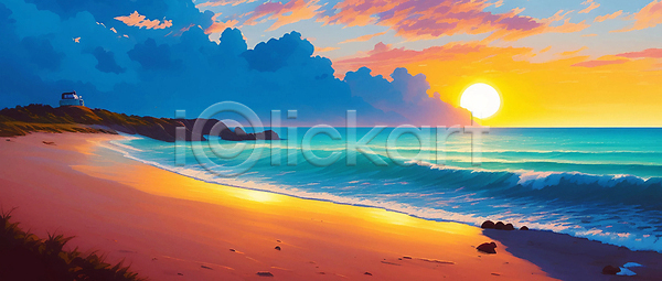 사람없음 JPG 일러스트 구름(자연) 노을 바다 여름(계절) 태양 파도 풍경(경치) 해변