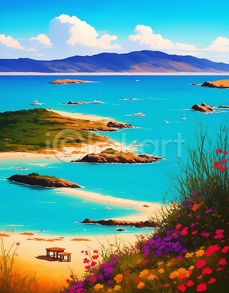 사람없음 JPG 일러스트 구름(자연) 꽃 바다 섬 여름(계절) 의자 풍경(경치) 해변