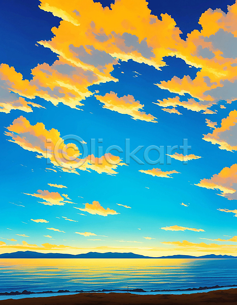사람없음 JPG 일러스트 구름(자연) 노란색 노을 바다 여름(계절) 파란색 풍경(경치) 해변