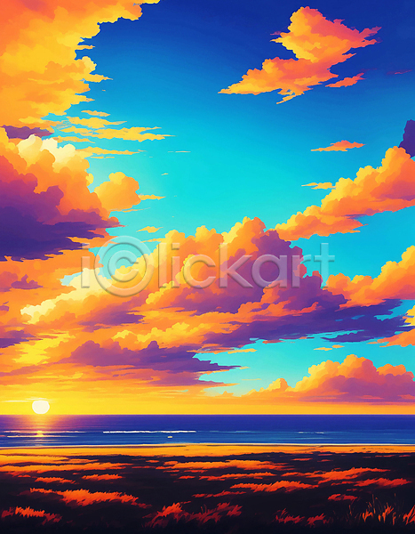 사람없음 JPG 일러스트 구름(자연) 노을 바다 여름(계절) 주황색 태양 파란색 풍경(경치) 해변