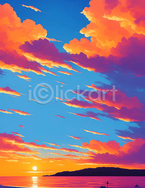 사람없음 JPG 일러스트 구름(자연) 노을 바다 여름(계절) 주황색 태양 풍경(경치) 해변