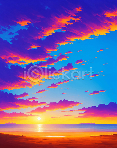 사람없음 JPG 일러스트 구름(자연) 노을 바다 보라색 여름(계절) 일몰 주황색 태양 풍경(경치) 해변