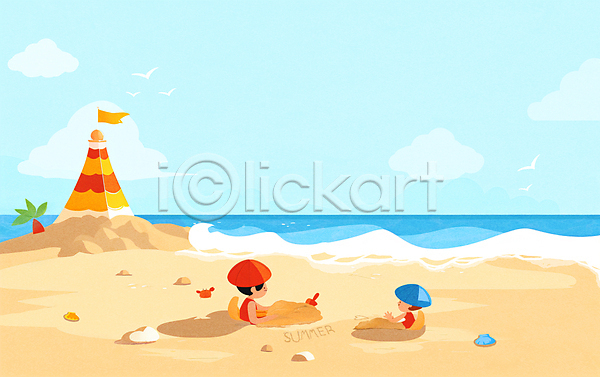 두명 어린이 어린이만 JPG 일러스트 구름(자연) 모래놀이 모래사장 모래성 바다 백그라운드 상반신 앉기 여름(계절) 조개 조개껍데기 카피스페이스 텐트 풍경(경치)