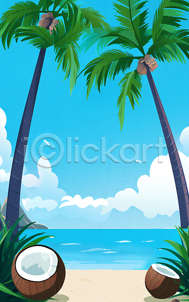 사람없음 JPG 일러스트 구름(자연) 바다 백그라운드 야자수 여름(계절) 카피스페이스 코코넛 파란색 풍경(경치) 해변
