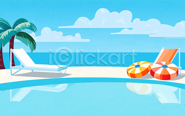 사람없음 JPG 일러스트 구름(자연) 물놀이 백그라운드 선베드 수영 수영장 야자수 여름(계절) 카피스페이스 튜브 파란색 풀장 풍경(경치)