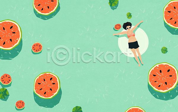 성인 성인여자한명만 여자 한명 JPG 일러스트 떠있는 백그라운드 선글라스 수박 수영 수영복 여름(계절) 전신 초록색 카피스페이스 튜브 팔벌리기 풍경(경치)