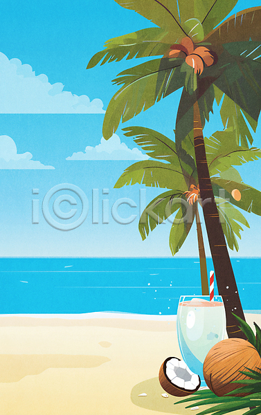 사람없음 JPG 일러스트 구름(자연) 바다 백그라운드 야자수 여름(계절) 음료 카피스페이스 컵 코코넛 풍경(경치) 해변