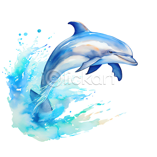 사람없음 JPG 일러스트 돌고래 바다동물 번짐 붓터치 손그림 수채화(물감) 파란색 한마리