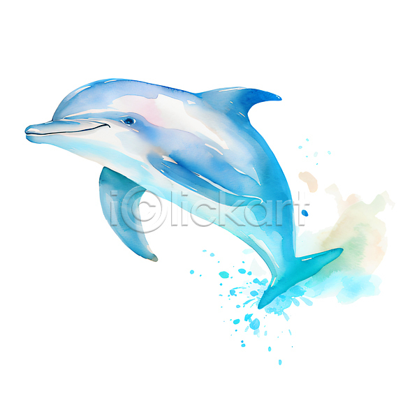 사람없음 JPG 일러스트 돌고래 바다동물 번짐 붓터치 손그림 수채화(물감) 파란색 한마리