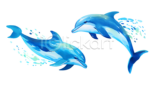 사람없음 JPG 일러스트 돌고래 두마리 바다동물 번짐 붓터치 손그림 수채화(물감) 파란색