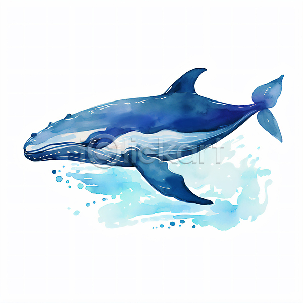 사람없음 JPG 일러스트 고래 바다동물 번짐 붓터치 손그림 수채화(물감) 파란색 한마리
