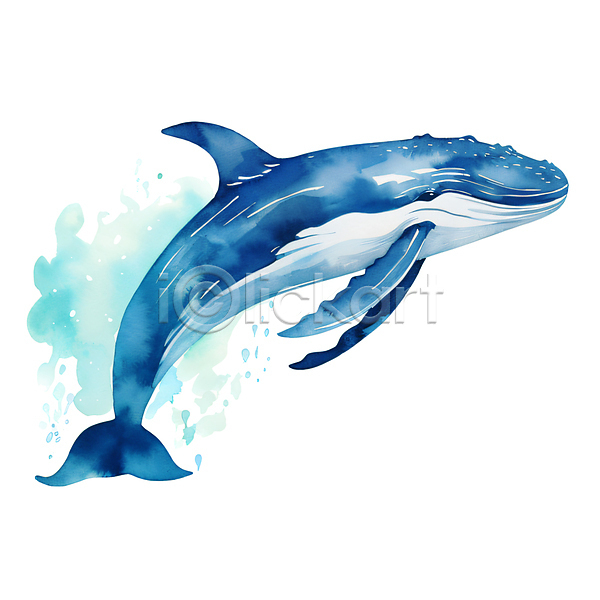 사람없음 JPG 일러스트 고래 바다동물 번짐 붓터치 손그림 수채화(물감) 파란색 한마리