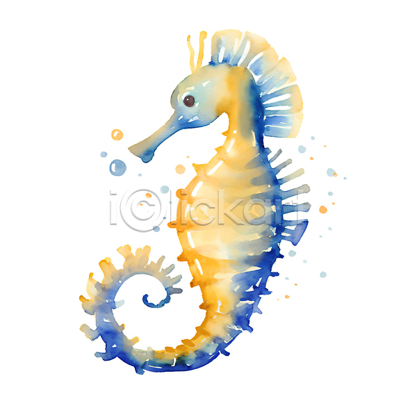 사람없음 JPG 일러스트 그라데이션 노란색 물거품 바다동물 번짐 붓터치 손그림 수채화(물감) 파란색 한마리 해마