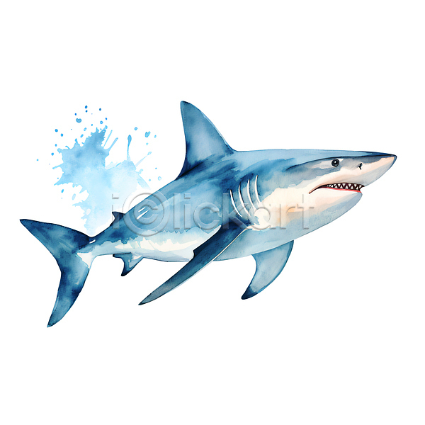 사람없음 JPG 일러스트 바다동물 번짐 붓터치 상어 손그림 수채화(물감) 파란색 한마리