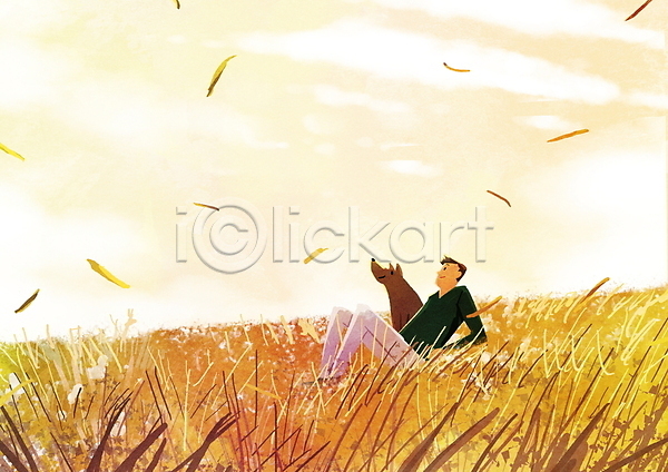 여유 함께함 휴식 남자 성인 성인남자한명만 한명 PSD 일러스트 가을(계절) 갈대밭 강아지 낙엽 날리기 노란색 눕기 반려견 반려동물 앉기 올려보기 일몰 전신 초원(자연) 풀(식물) 한마리