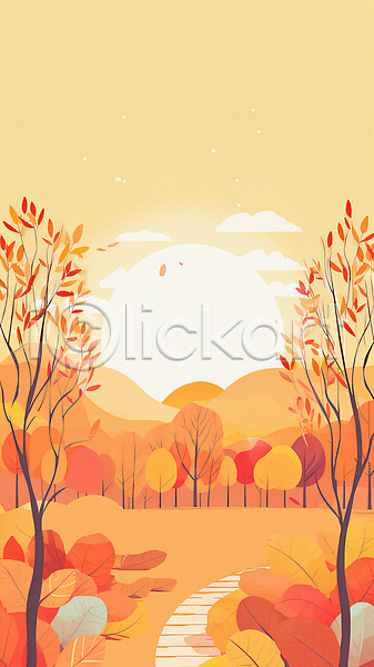 사람없음 JPG 일러스트 가을(계절) 가을배경 공원 구름(자연) 낙엽 단풍 단풍나무 백그라운드 산책로 일몰 입추 주황색 태양 풍경(경치)