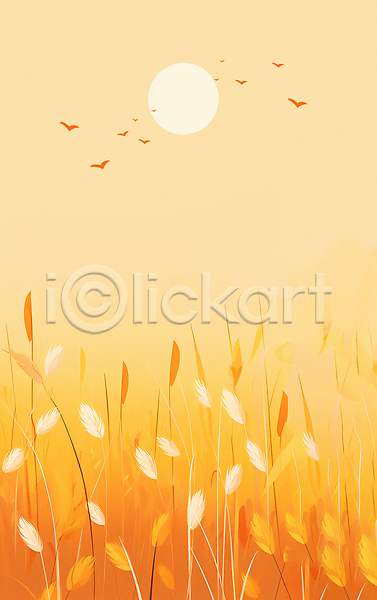 사람없음 JPG 일러스트 가을(계절) 가을배경 갈대(식물) 갈대밭 백그라운드 새떼 일몰 입추 조류 주황색 풍경(경치)