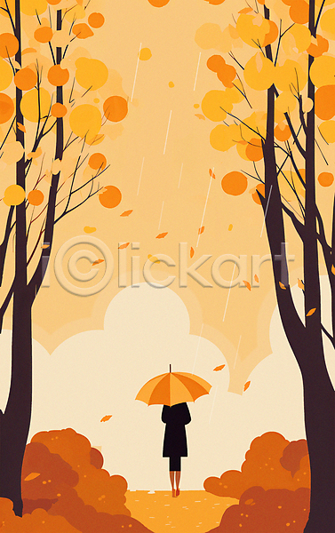성인 성인여자한명만 여자 한명 JPG 일러스트 가을(계절) 가을배경 구름(자연) 낙엽 단풍나무 들기 백그라운드 비(날씨) 서기 우산 은행나무 입추 전신 주황색 풀(식물) 풍경(경치)