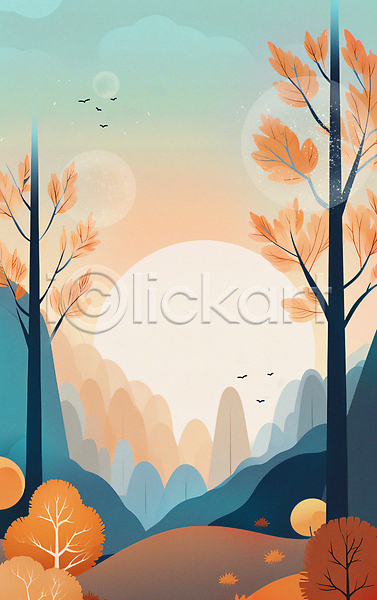 사람없음 JPG 일러스트 가을(계절) 가을배경 그라데이션 나무 낙엽 단풍나무 백그라운드 보름달 산 새떼 언덕 일몰 입추 조류 풍경(경치)