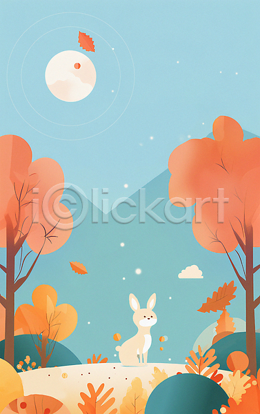 사람없음 JPG 일러스트 가을(계절) 가을배경 나무 낙엽 단풍나무 반짝임 밤하늘 백그라운드 보름달 산 입추 토끼 풀(식물) 풍경(경치) 한마리