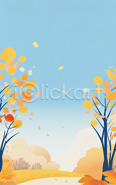 사람없음 JPG 일러스트 가을(계절) 가을배경 구름(자연) 낙엽 노란색 백그라운드 산책로 은행나무 은행잎 풀(식물) 풍경(경치) 하늘 하늘색