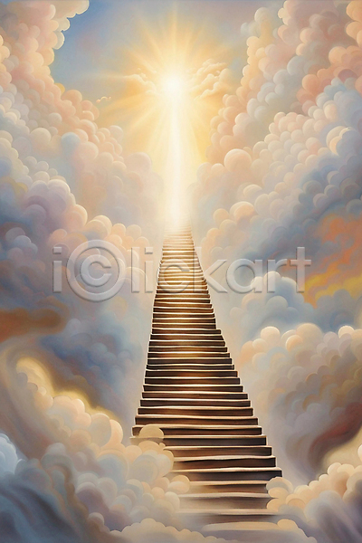 사람없음 JPG 일러스트 계단 구름(자연) 기독교 반짝임 빛 천국 하늘