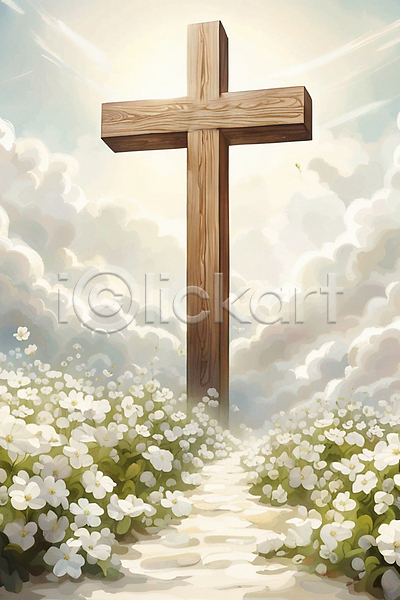 믿음 사람없음 JPG 일러스트 구름(자연) 기독교 길 꽃밭 빛 십자가 천국 하늘 흰색