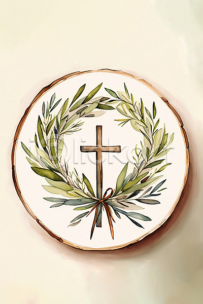사람없음 JPG 일러스트 기독교 리본 번짐 붓터치 수채화(물감) 십자가 올리브잎 원형 월계수잎 화환