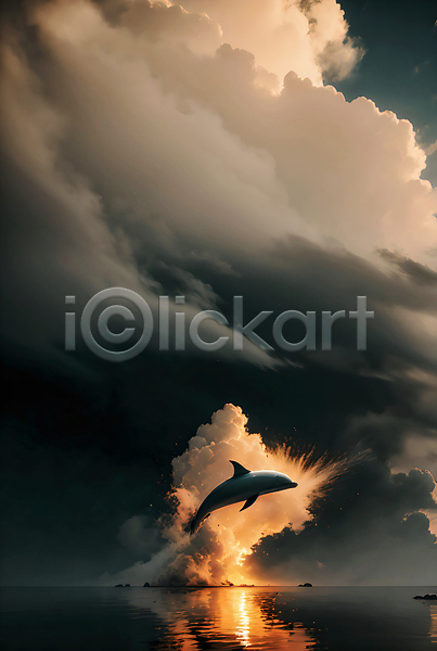 사람없음 JPG 편집이미지 구름(자연) 돌고래 바다 반사 일몰 자연 점프 파도 하늘 한마리