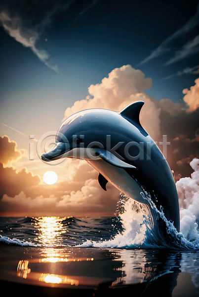 사람없음 JPG 편집이미지 구름(자연) 돌고래 바다 일몰 자연 점프 태양 튀는물 파도 하늘 한마리