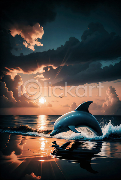 사람없음 JPG 편집이미지 구름(자연) 돌고래 바다 반사 일몰 자연 점프 조류 태양 튀는물 파도 하늘 한마리
