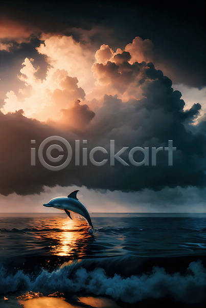 사람없음 JPG 편집이미지 구름(자연) 돌고래 바다 일몰 자연 점프 튀는물 파도 하늘 한마리