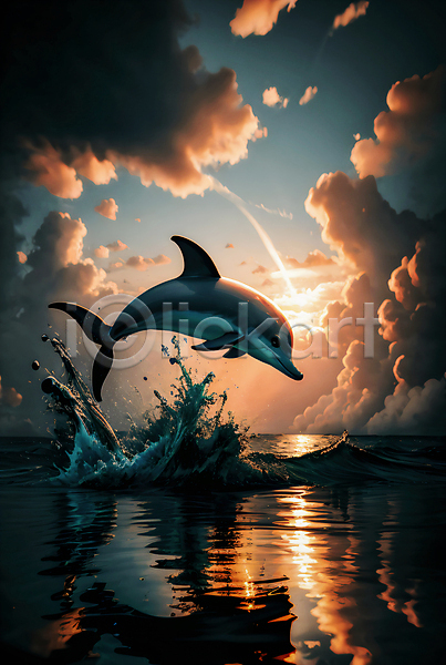 사람없음 JPG 편집이미지 구름(자연) 돌고래 바다 반사 일몰 자연 점프 튀는물 파도 하늘 한마리 햇빛
