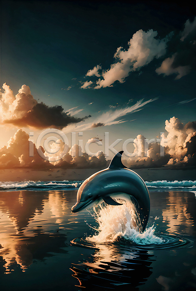 사람없음 JPG 편집이미지 구름(자연) 돌고래 바다 반사 일몰 자연 점프 튀는물 파도 하늘 한마리