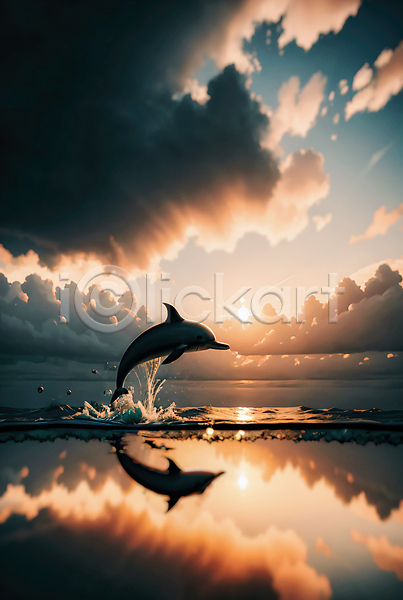 사람없음 JPG 편집이미지 구름(자연) 돌고래 바다 반사 일몰 자연 점프 태양 튀는물 파도 하늘 한마리