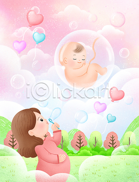 두명 성인 아기 여자 PSD 일러스트 구름(자연) 나무 눈감음 들기 불기 비눗방울 상반신 엄마 올려보기 임산부 임신 전신 초원(자연) 탯줄 하트풍선