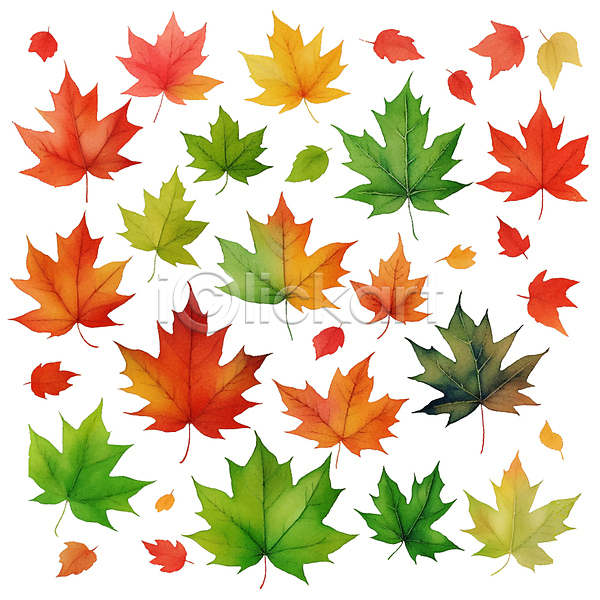 사람없음 AI(파일형식) 일러스트 가을(계절) 나뭇잎 단풍 번짐 붓터치 빨간색 수채화(물감) 초록색