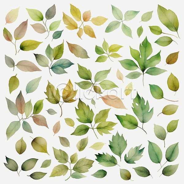 사람없음 AI(파일형식) 일러스트 나뭇잎 번짐 붓터치 수채화(물감) 초록색
