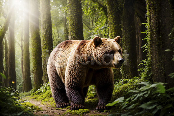 사람없음 JPG 편집이미지 곰 나무 나뭇잎 맹수 숲 숲속 야생동물 이끼 자연 한마리 햇빛 흙