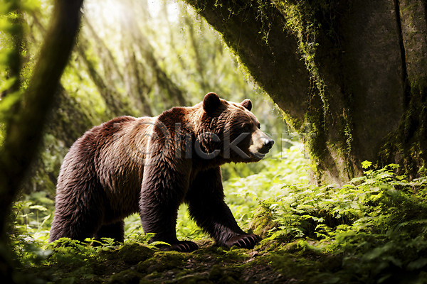 사람없음 JPG 편집이미지 곰 나무 맹수 숲 숲속 야생동물 이끼 자연 풀(식물) 한마리 햇빛 흙