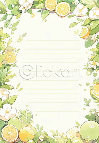 감성 사람없음 JPG 일러스트 꽃 노란색 라임 레몬 백그라운드 연두색 잎 카피스페이스 편지지 프레임